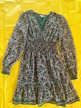 Max Studio Green Floral Long-Sleeve Smocked Waist Dress